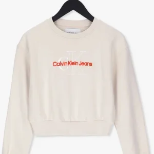 Calvin Klein Chandail Two Tone Monogram Crop Crew Neck Crème magasin france 13